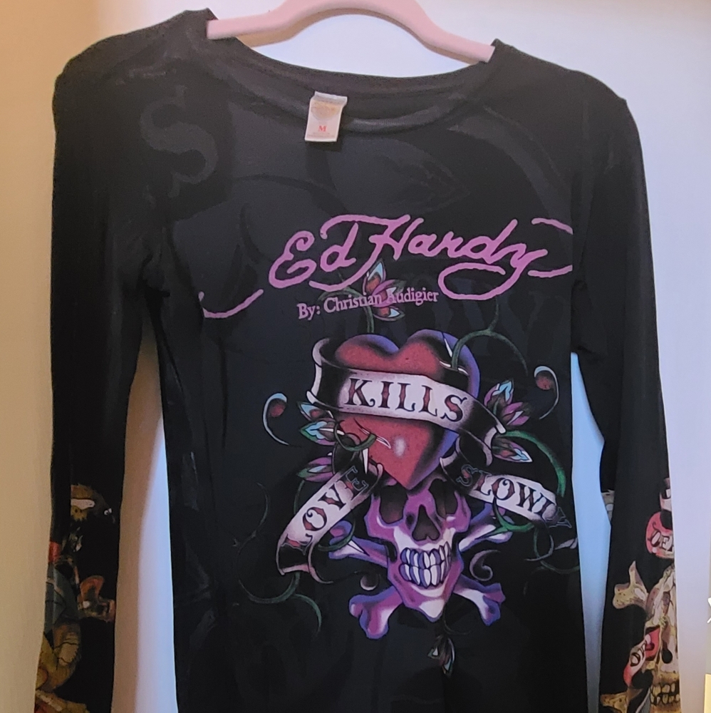 Ed Hardy Long Sleeve Black Graphics Shirt size Med.